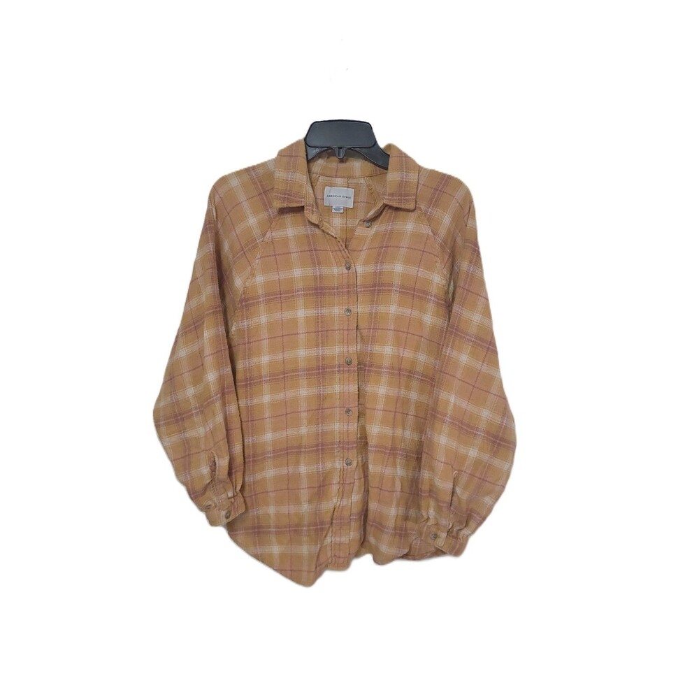 American Eagle Flannel Shirt Womens S Yellow Pink Plaid Long Sleeve Button Up